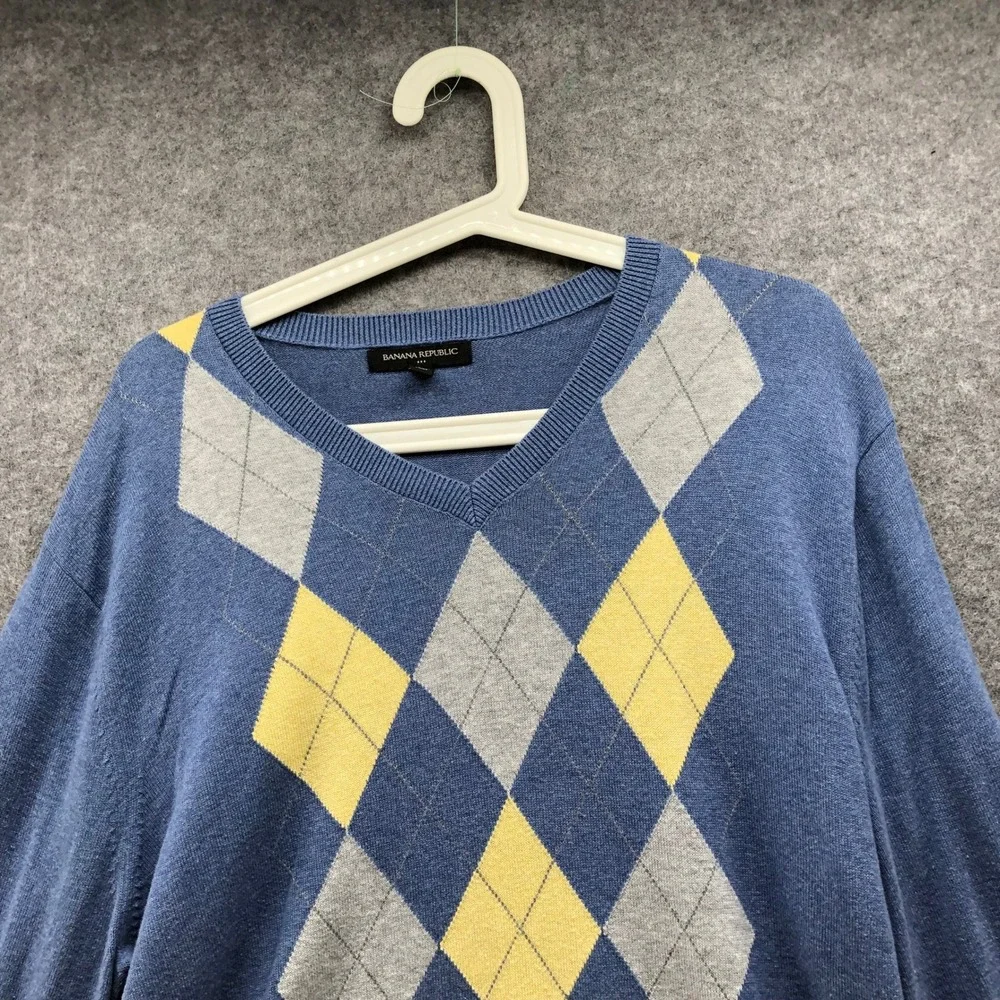 Banana Republic Argyle V-Neck Sweater Mens L Blue Yellow Gray Grandpacore Retro